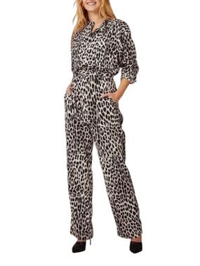 OVERLOVER Leopard Print Long Sleeve Jumpsuit - Grey & White Size S